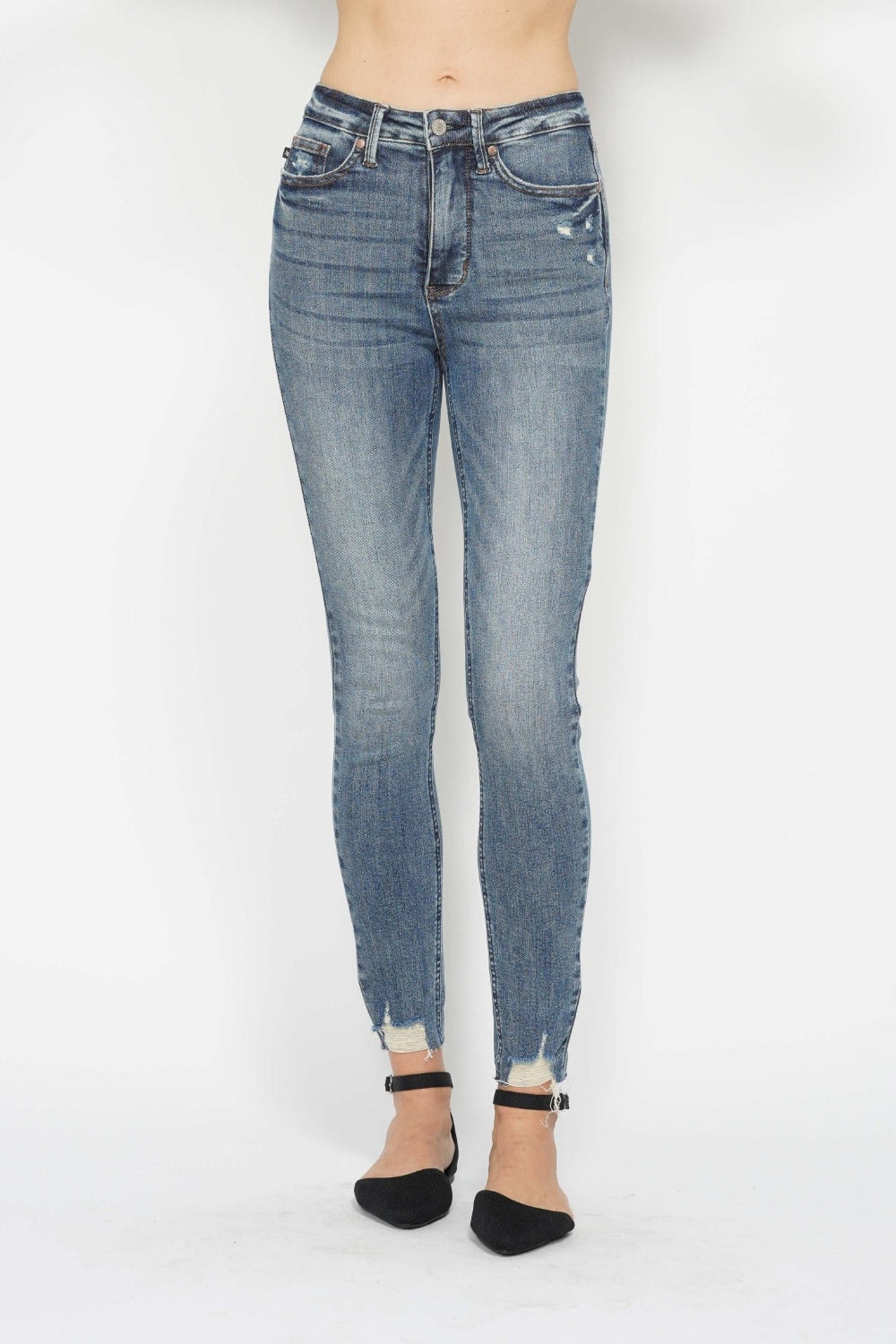 Blue Full Size Tummy Control Vintage Wash Hem Destroy Skinny Jeans