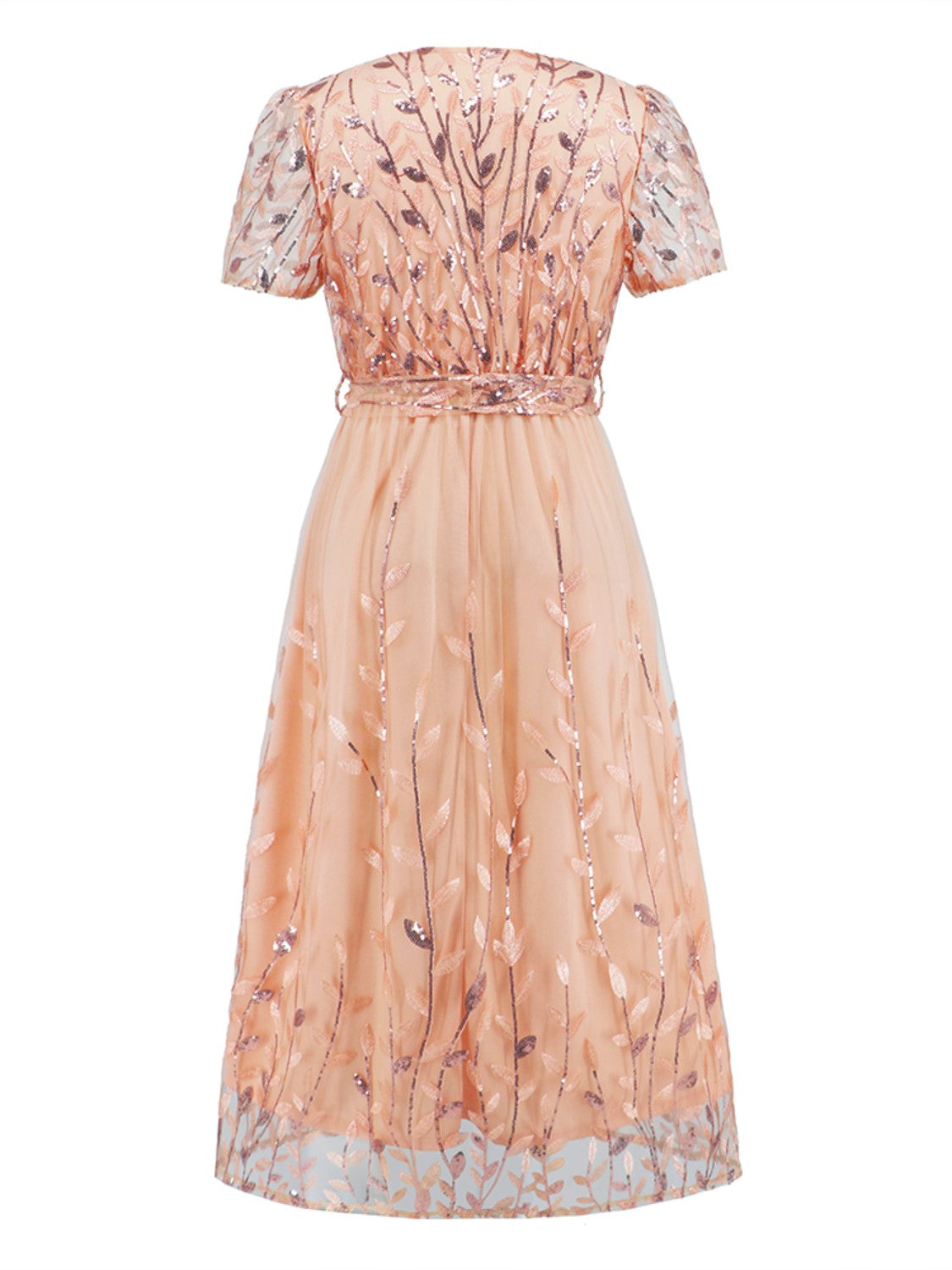 Sequin Leaf Embroidery Tie Front Short Sleeve Dress - Allure Taste