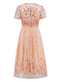 Sequin Leaf Embroidery Tie Front Short Sleeve Dress - Allure Taste