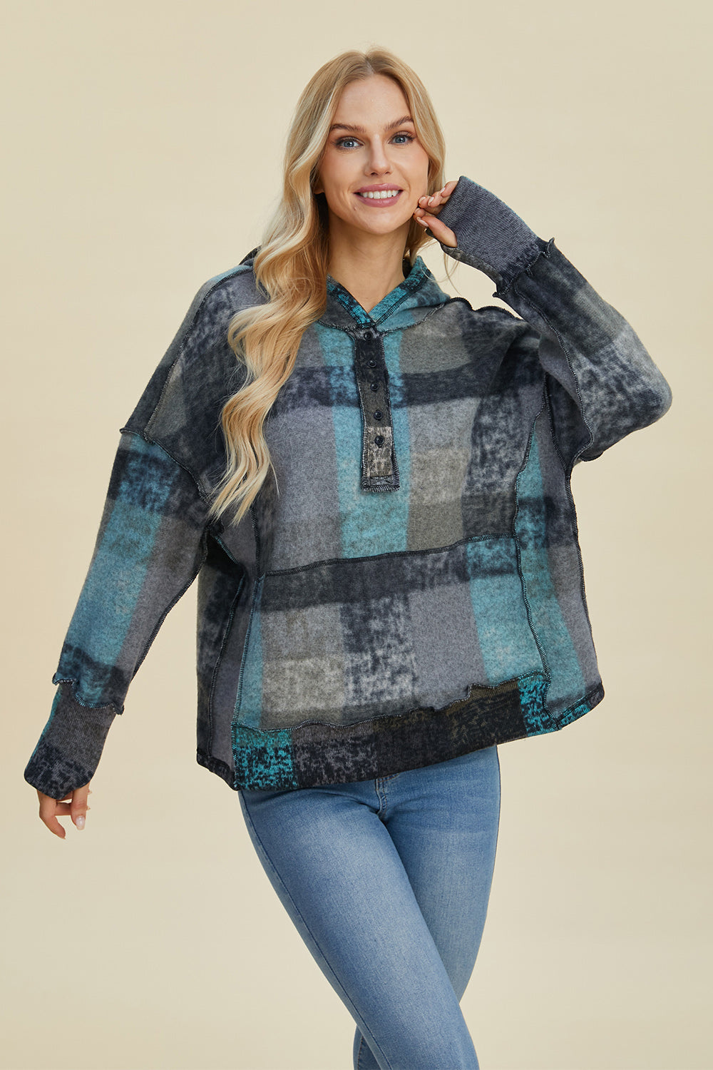Full Size Plaid Dropped Shoulder Fleece Hoodie