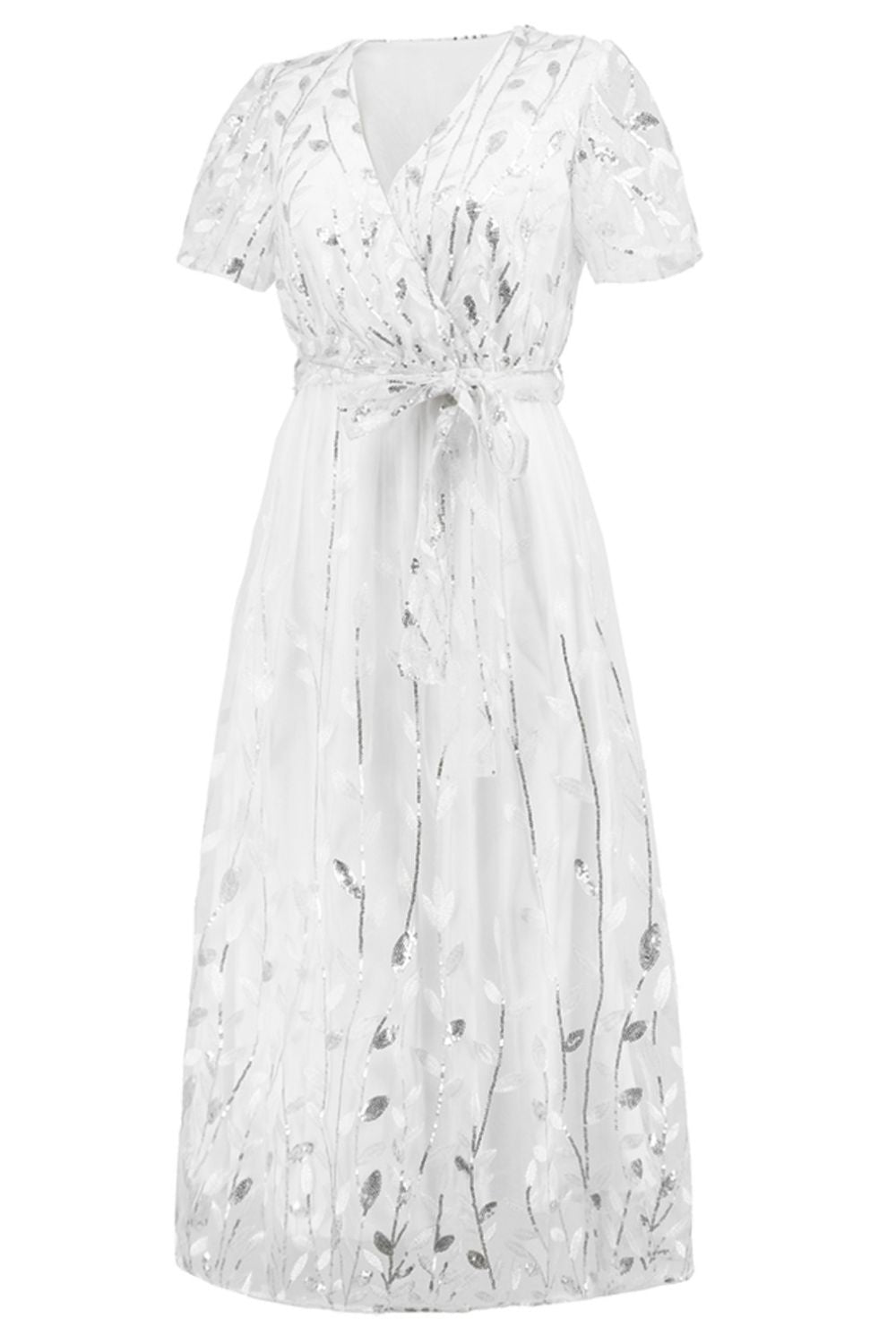Sequin Leaf Embroidery Tie Front Short Sleeve Dress - Allure Taste
