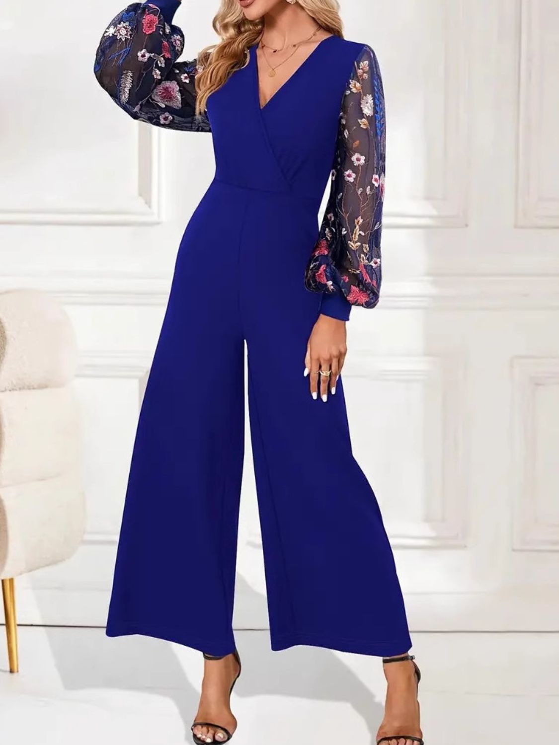 Surplice Embroidered Long Sleeve Wide Leg Jumpsuit - Allure Taste
