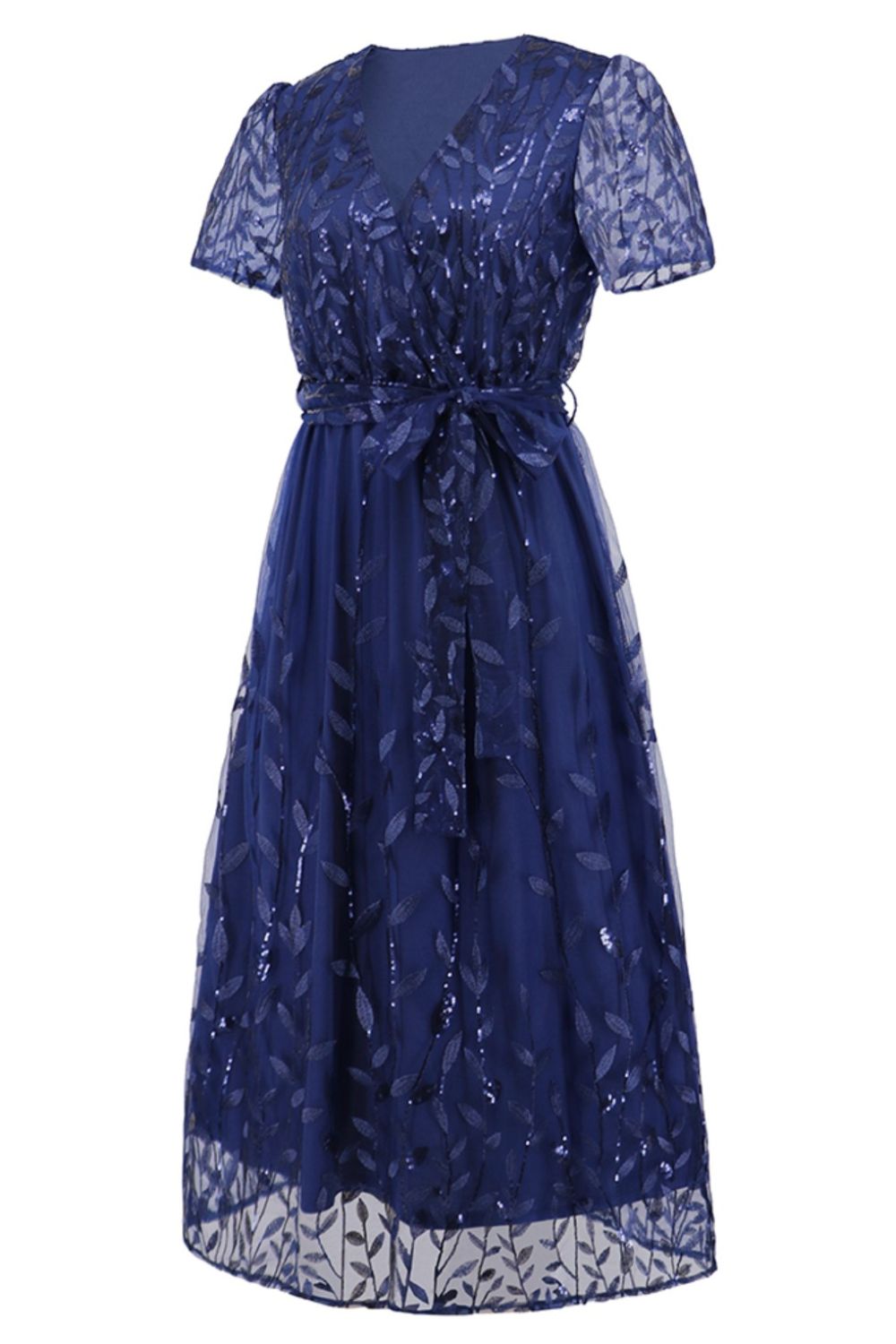 Sequin Leaf Embroidery Tie Front Short Sleeve Dress - Allure Taste