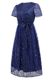 Sequin Leaf Embroidery Tie Front Short Sleeve Dress - Allure Taste