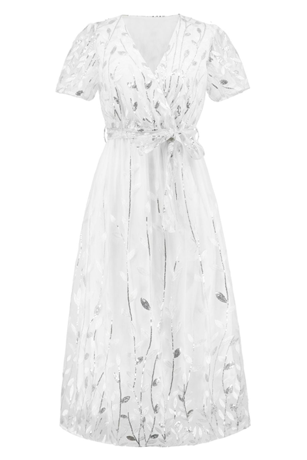 Sequin Leaf Embroidery Tie Front Short Sleeve Dress - Allure Taste