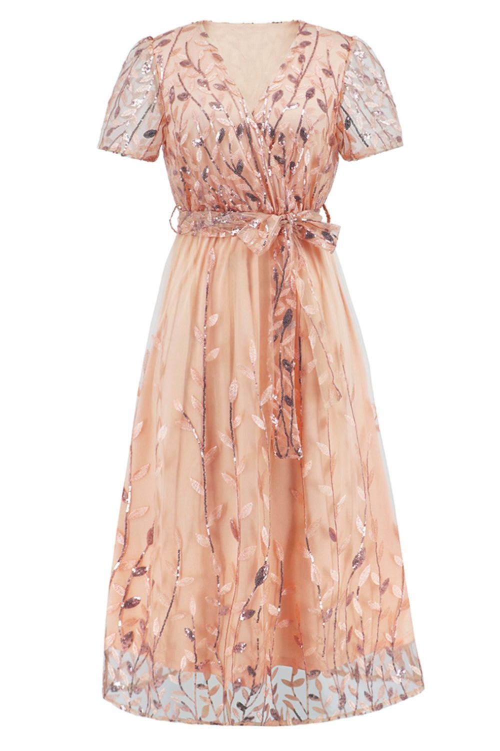 Sequin Leaf Embroidery Tie Front Short Sleeve Dress - Allure Taste