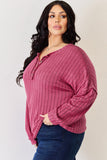 Full Size Ribbed Half Button Long Sleeve High-Low T-Shirt
