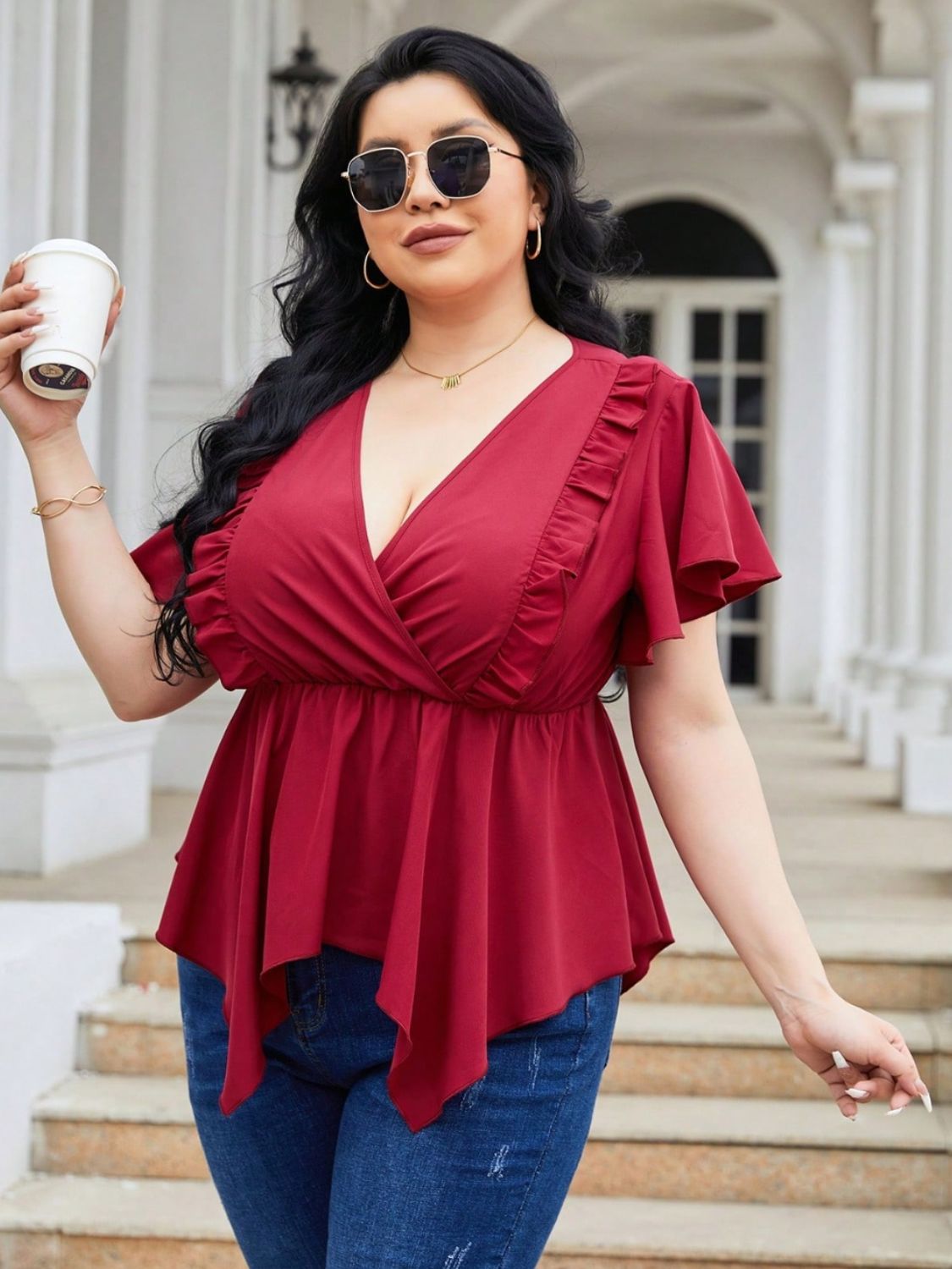 Plus Size Frill Surplice Flutter Sleeve Blouse -