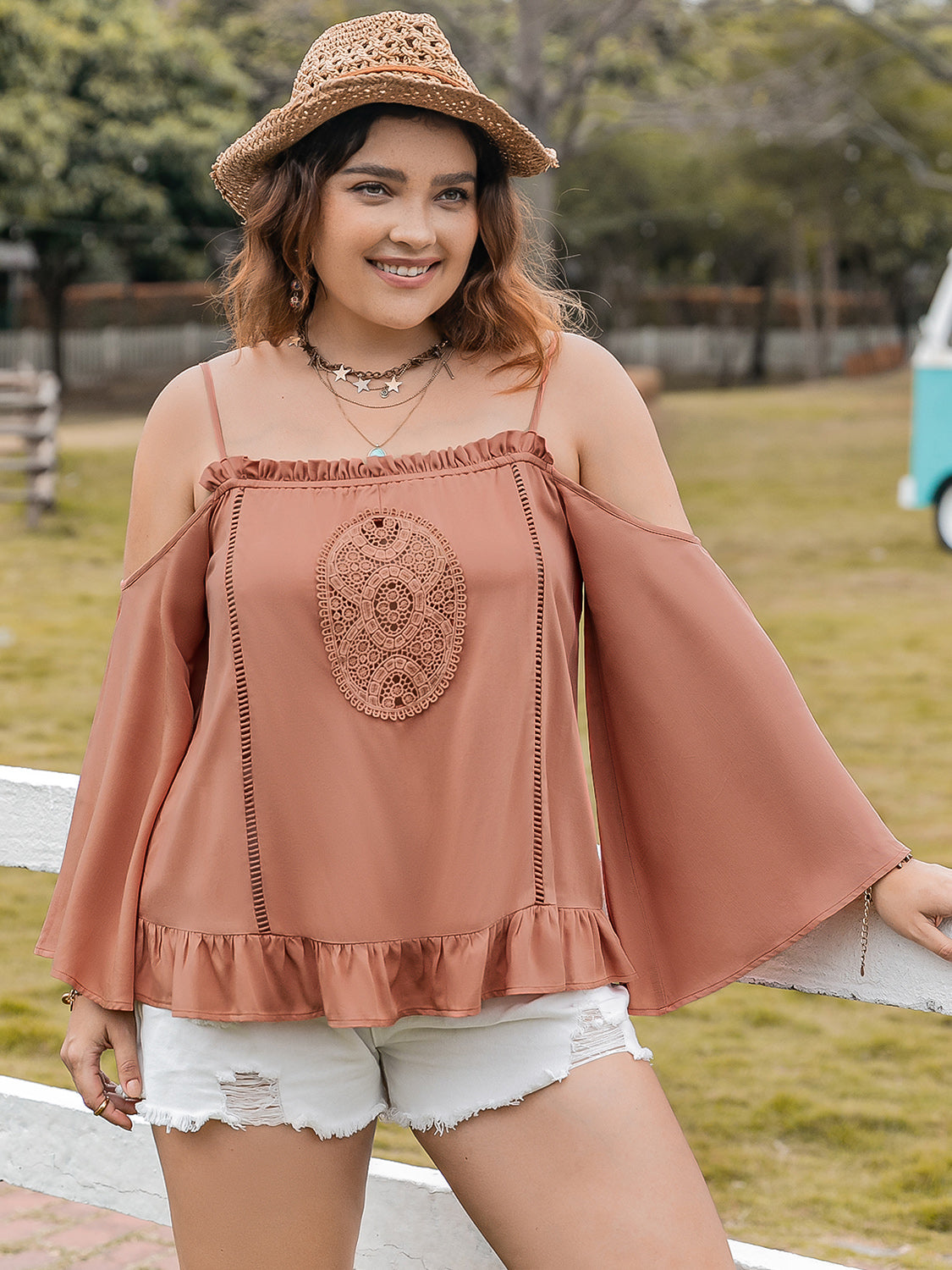 Plus Size Frill Square Neck Long Sleeve Blouse -
