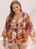 Plus Size Printed Tie Neck Blouse -