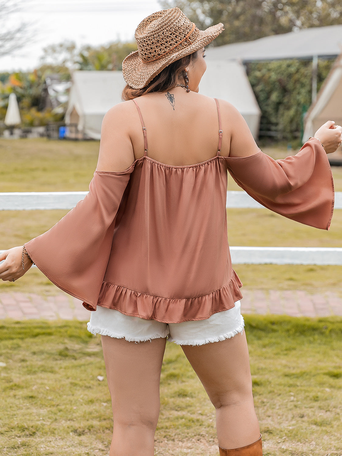 Plus Size Frill Square Neck Long Sleeve Blouse -