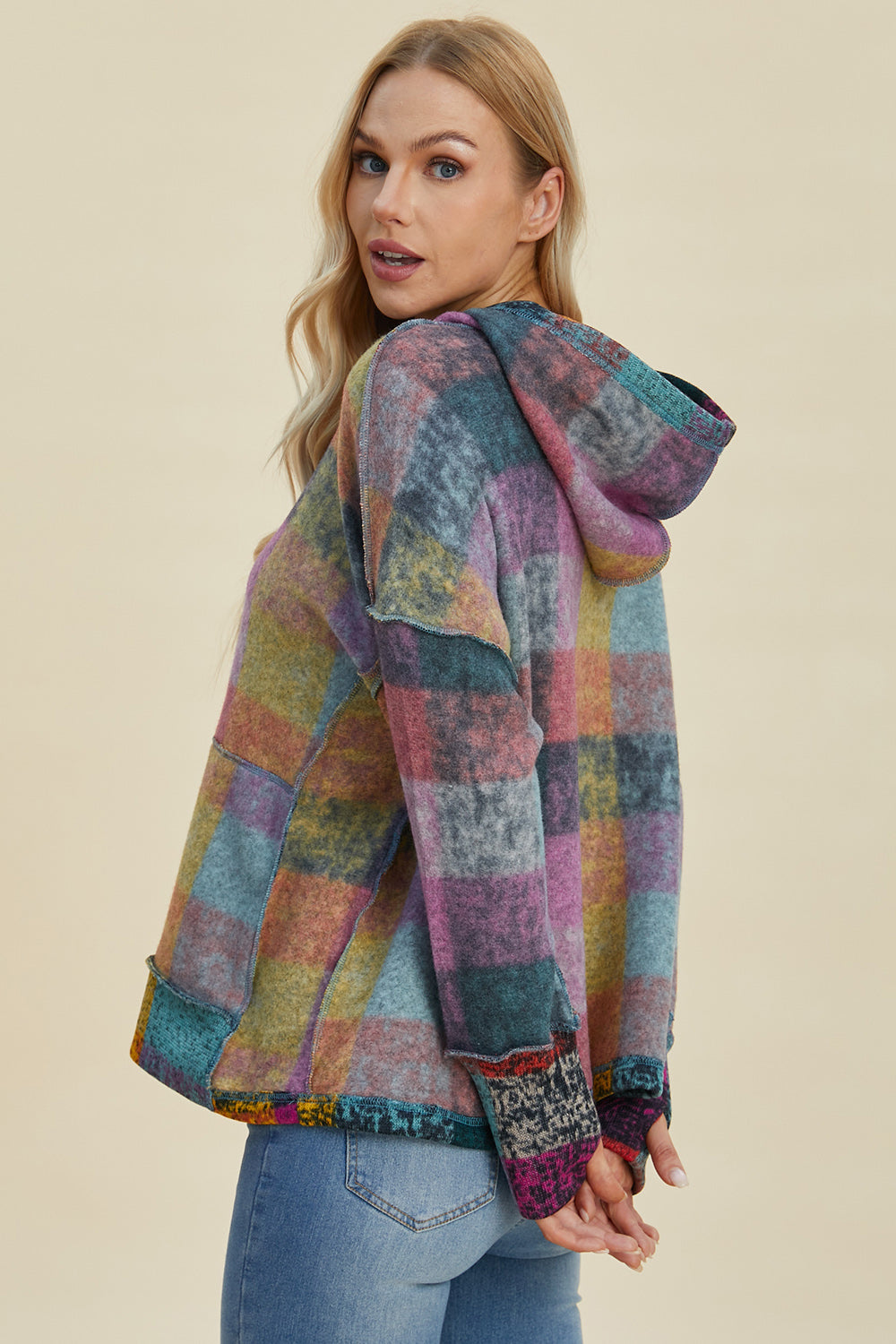 Full Size Plaid Dropped Shoulder Fleece Hoodie