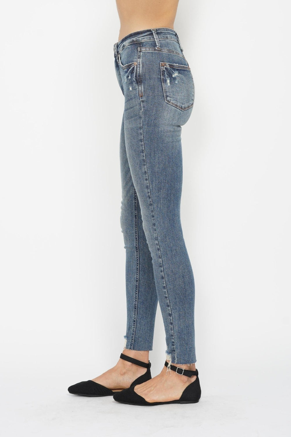 Blue Full Size Tummy Control Vintage Wash Hem Destroy Skinny Jeans