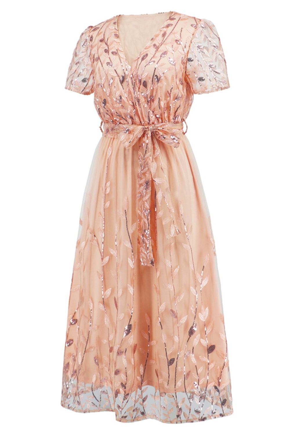 Sequin Leaf Embroidery Tie Front Short Sleeve Dress - Allure Taste