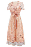 Sequin Leaf Embroidery Tie Front Short Sleeve Dress - Allure Taste