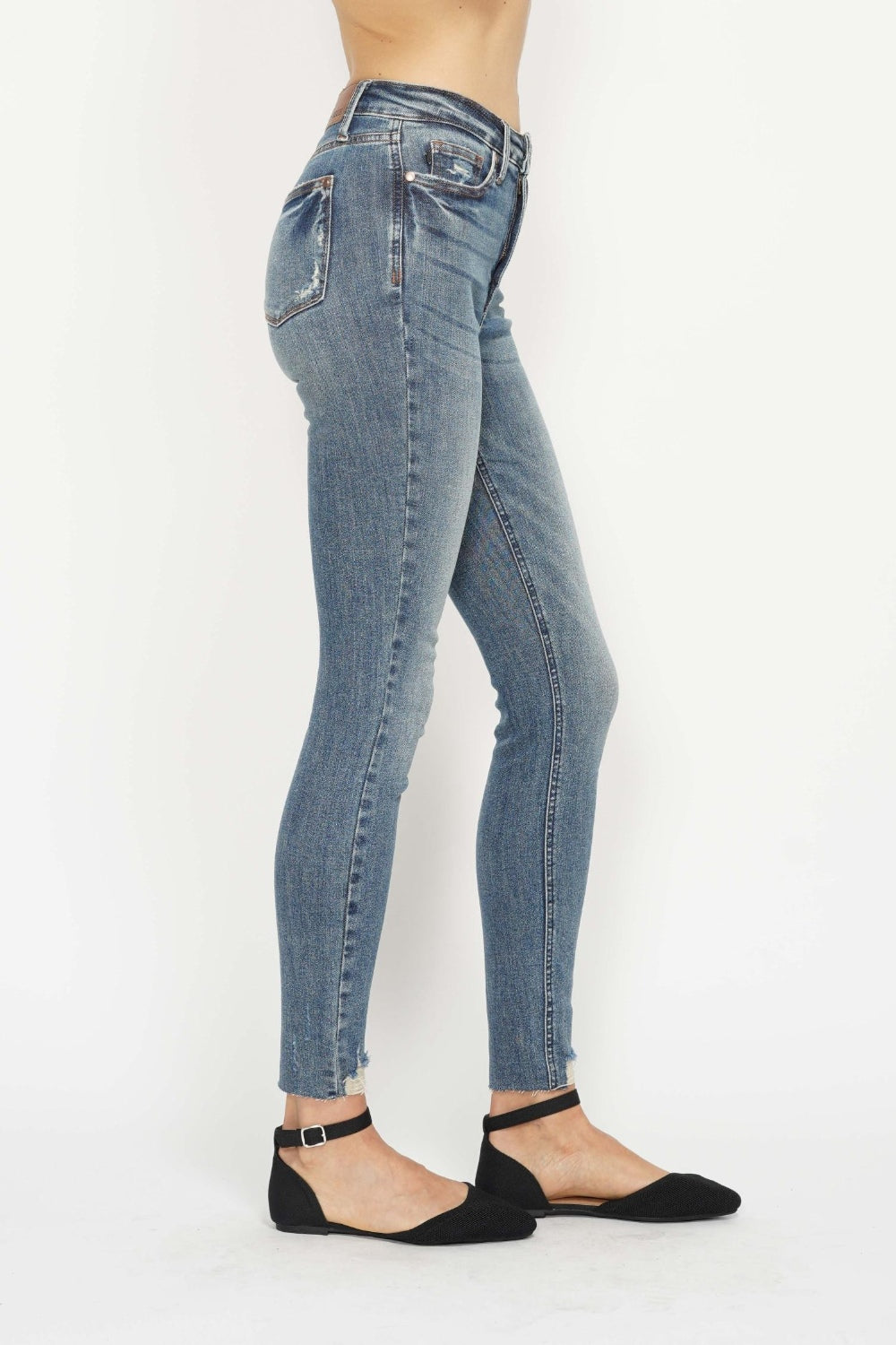 Blue Full Size Tummy Control Vintage Wash Hem Destroy Skinny Jeans