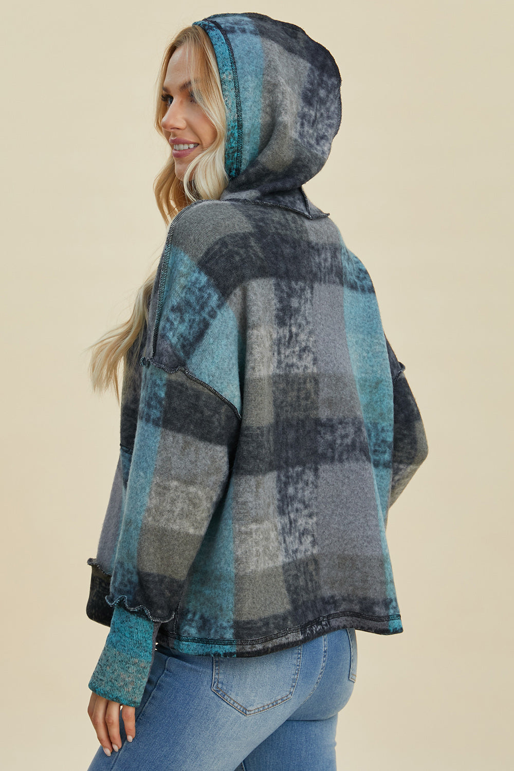 Full Size Plaid Dropped Shoulder Fleece Hoodie