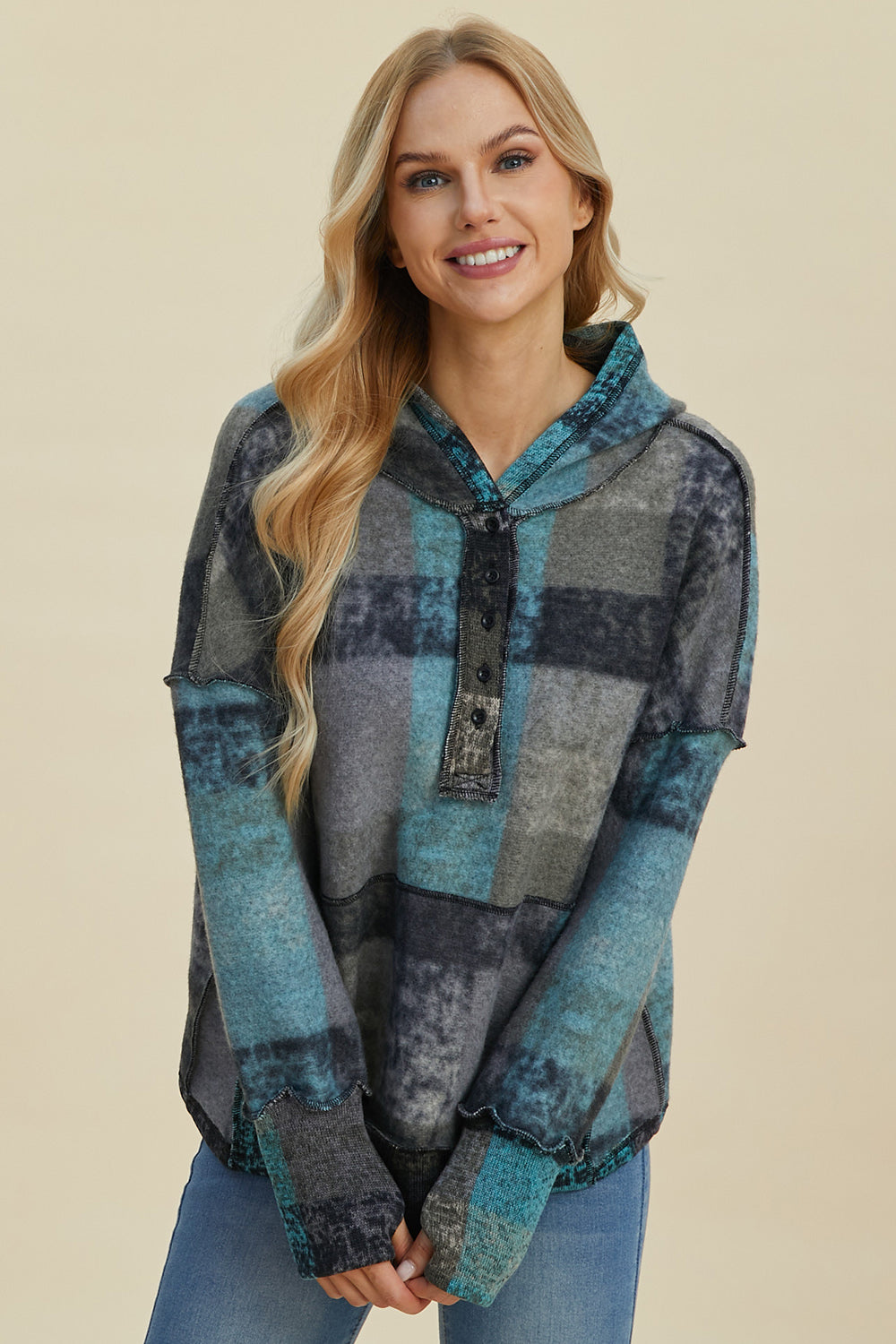 Full Size Plaid Dropped Shoulder Fleece Hoodie