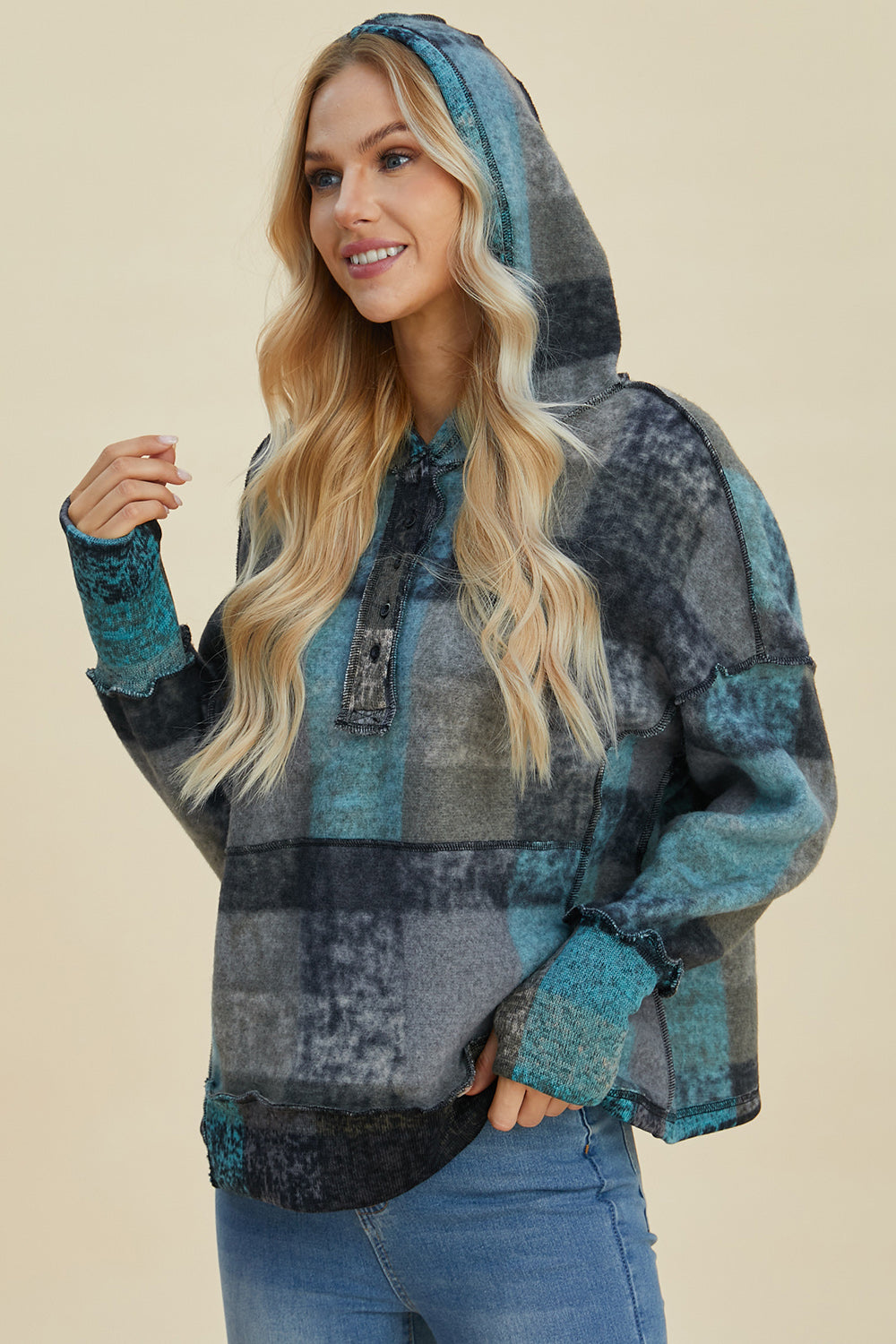 Full Size Plaid Dropped Shoulder Fleece Hoodie