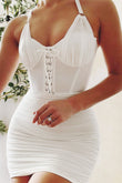 Lace-Up Ruched Halter Neck Wrap Dress - Allure Taste