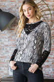 Heimish Full Size Snakeskin Print Round Neck Lace Contrast Top