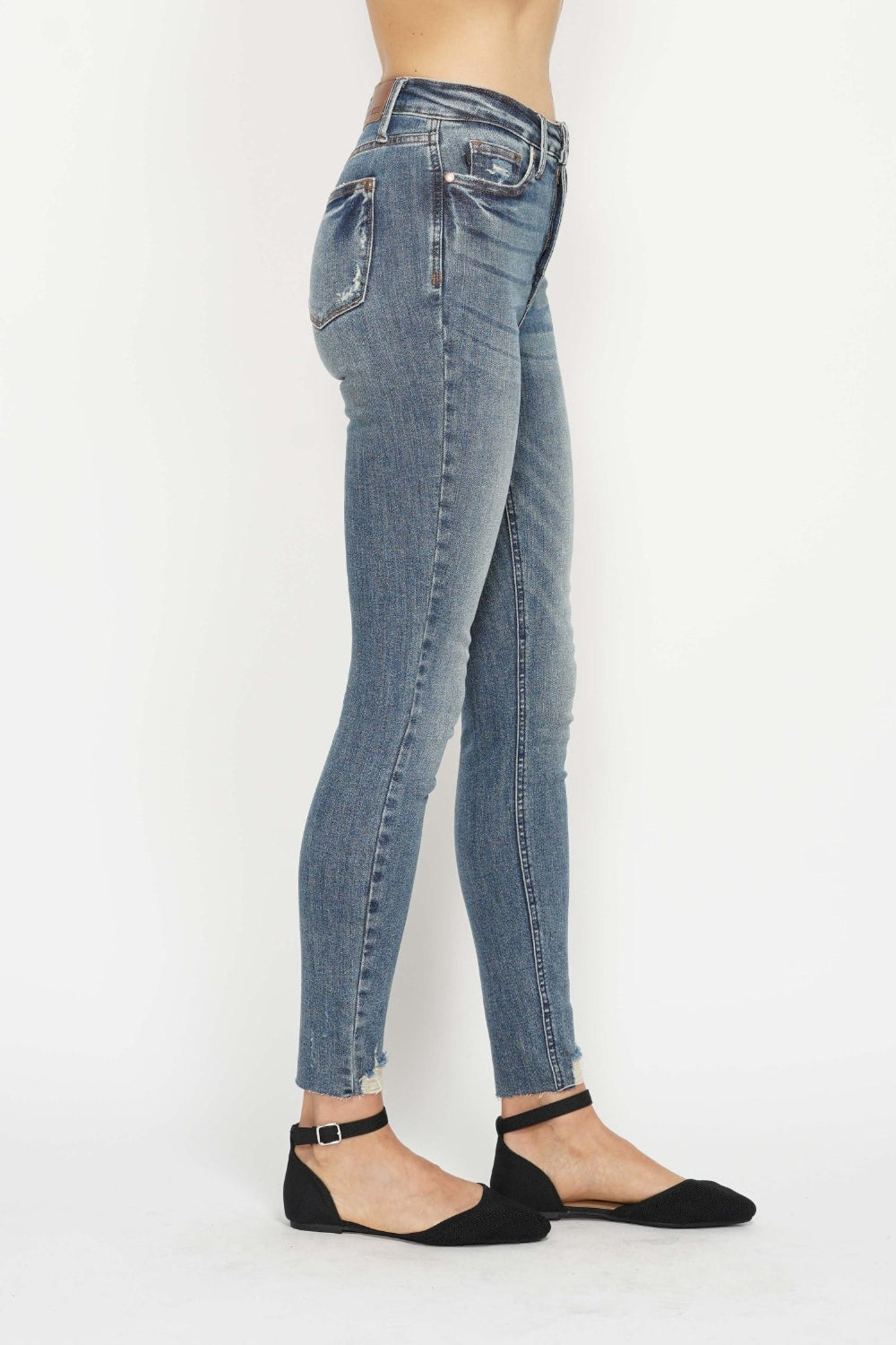 Blue Full Size Tummy Control Vintage Wash Hem Destroy Skinny Jeans
