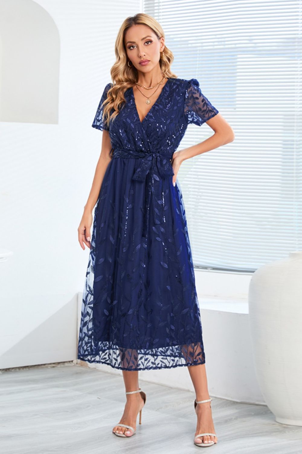 Sequin Leaf Embroidery Tie Front Short Sleeve Dress - Allure Taste