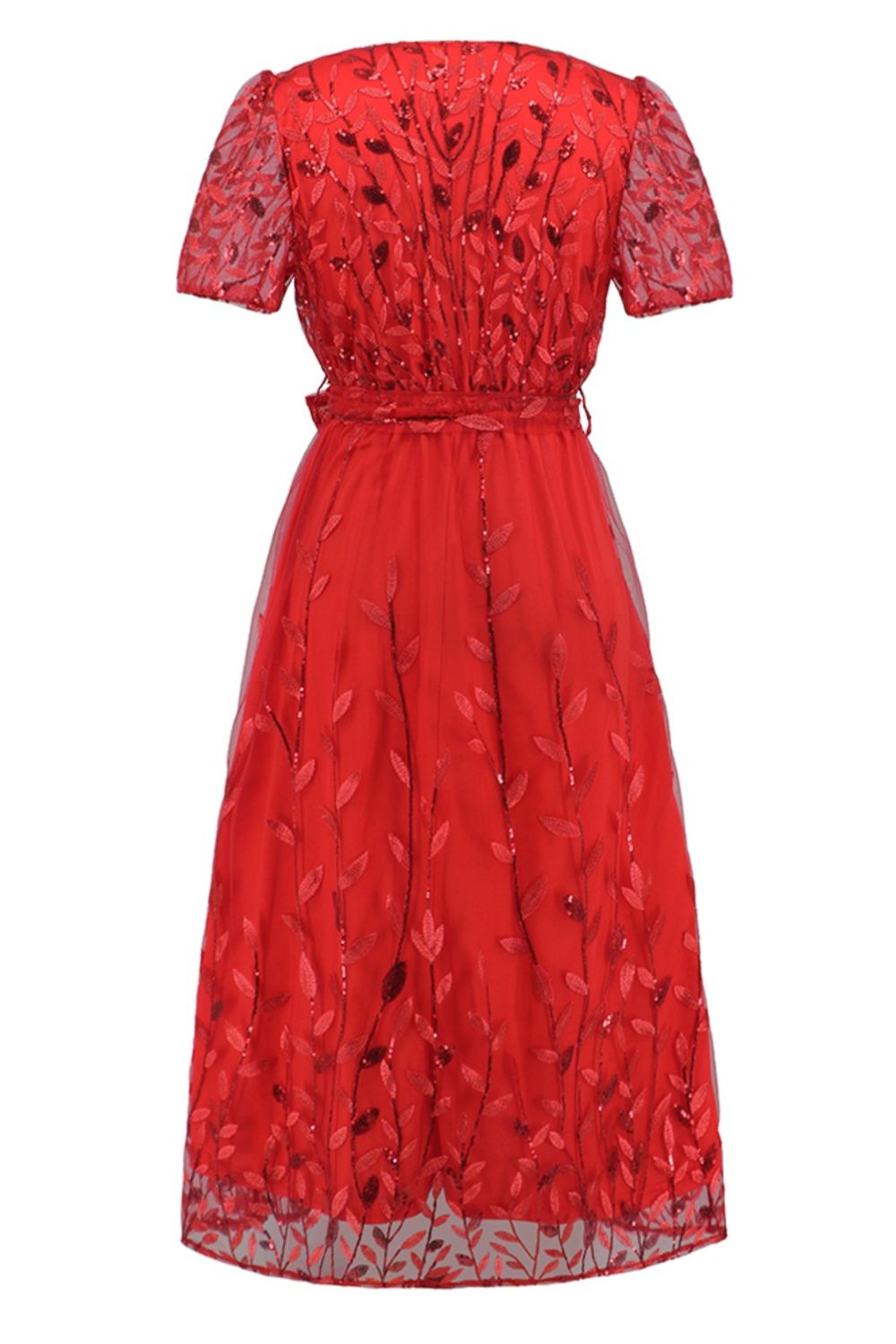 Sequin Leaf Embroidery Tie Front Short Sleeve Dress - Allure Taste