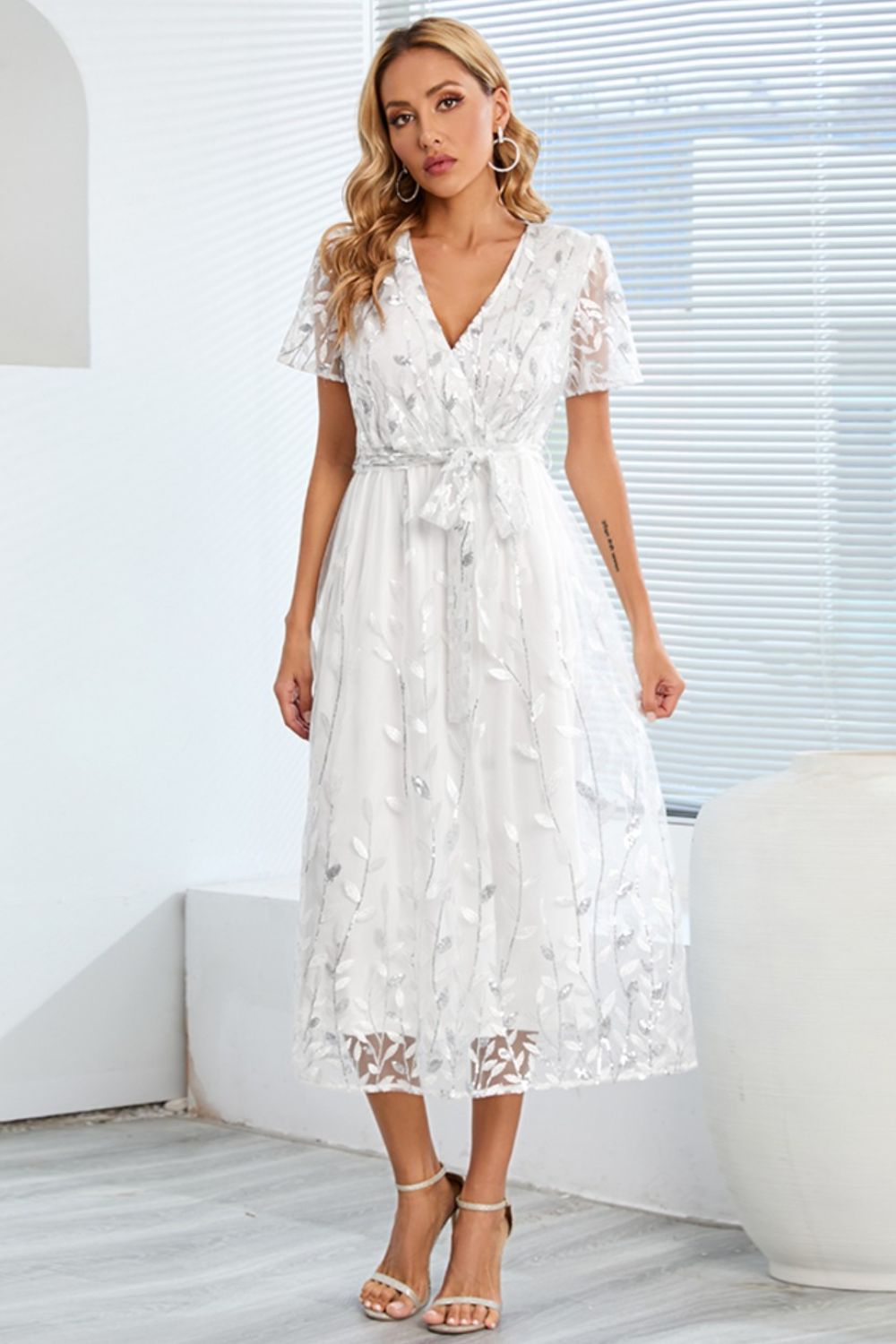 Sequin Leaf Embroidery Tie Front Short Sleeve Dress - Allure Taste