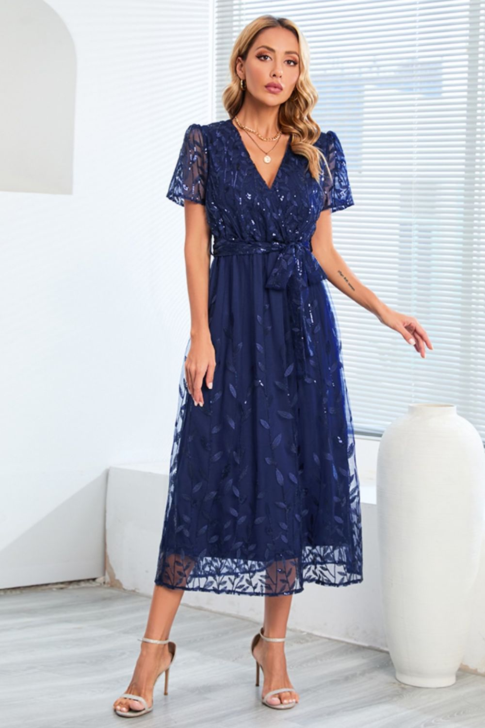 Sequin Leaf Embroidery Tie Front Short Sleeve Dress - Allure Taste