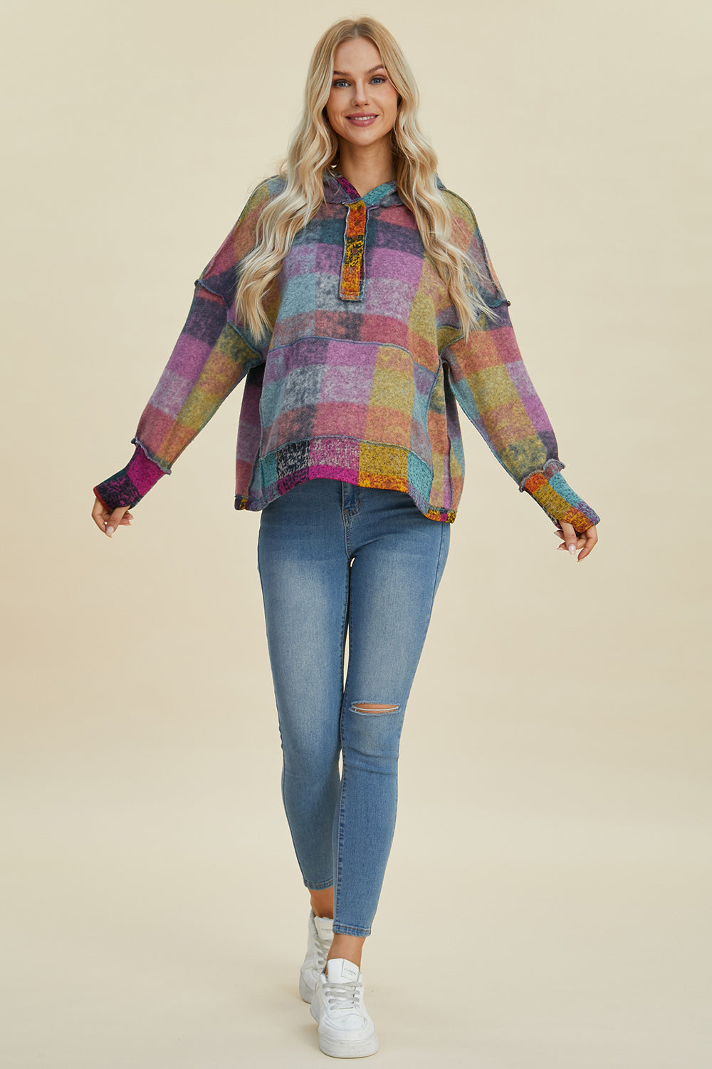 Full Size Plaid Dropped Shoulder Fleece Hoodie