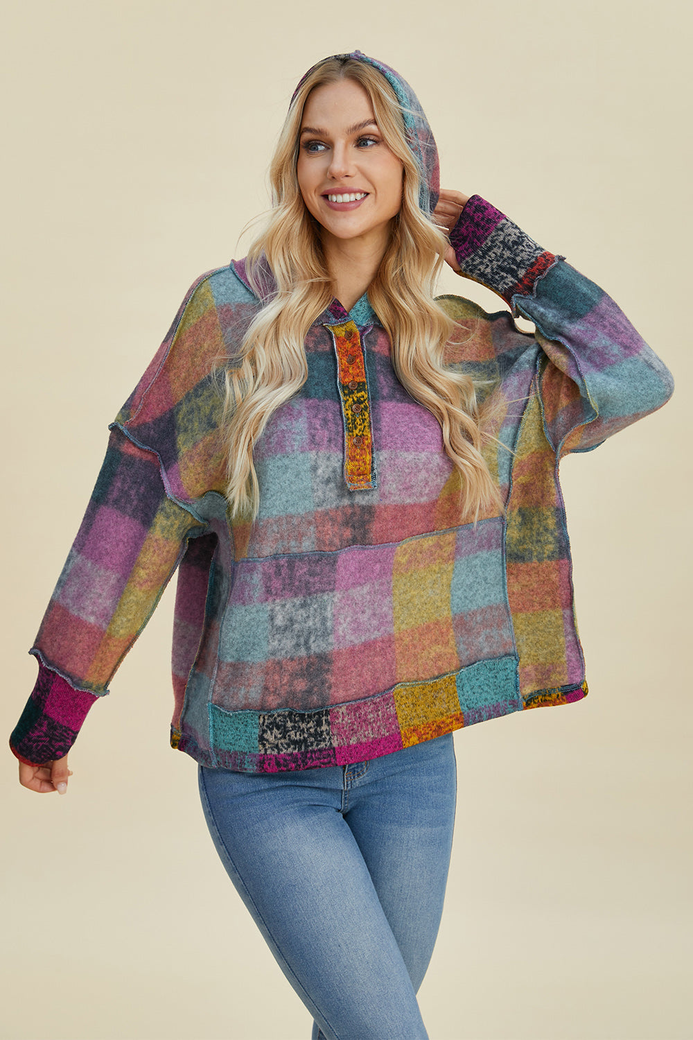 Full Size Plaid Dropped Shoulder Fleece Hoodie