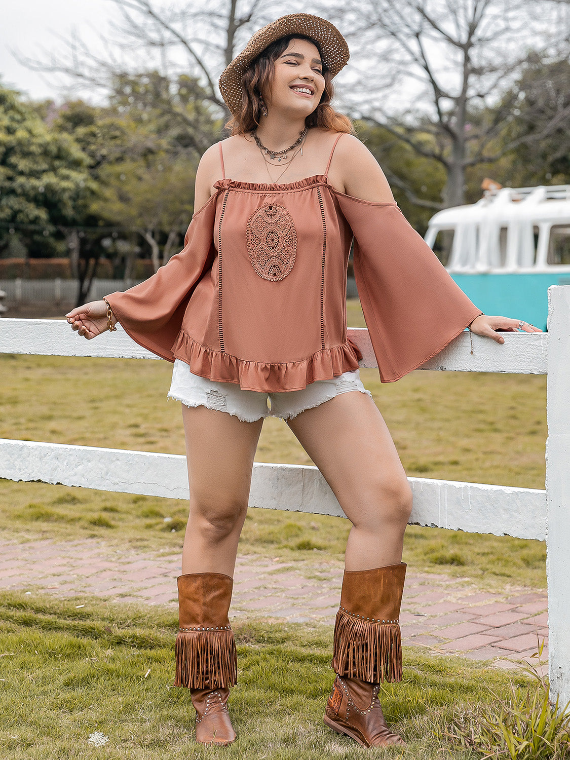 Plus Size Frill Square Neck Long Sleeve Blouse -
