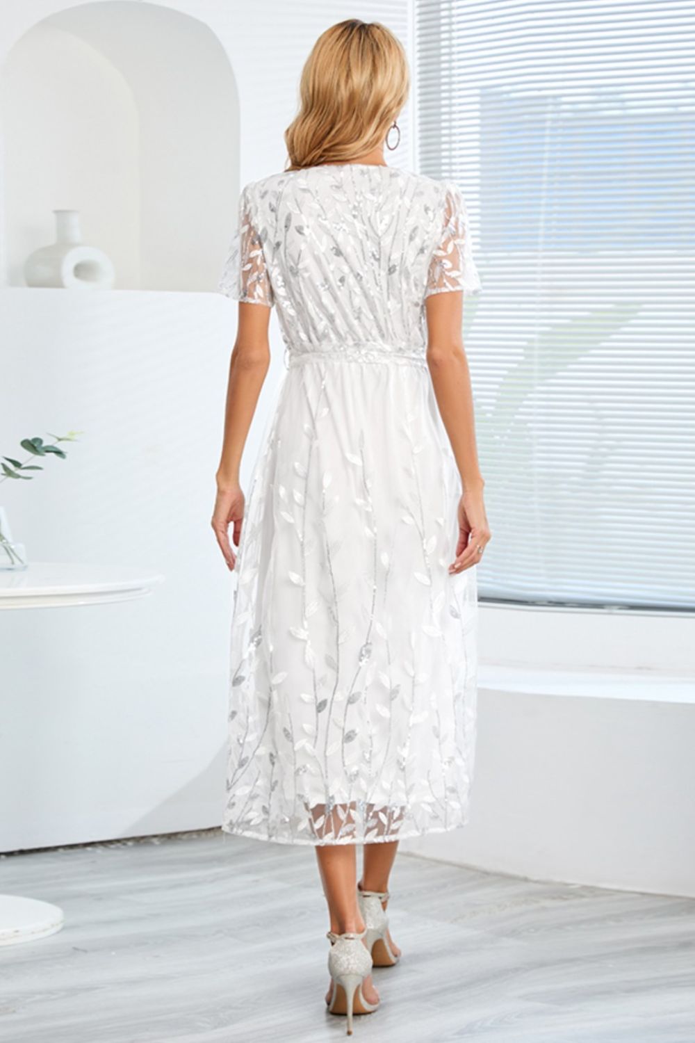 Sequin Leaf Embroidery Tie Front Short Sleeve Dress - Allure Taste