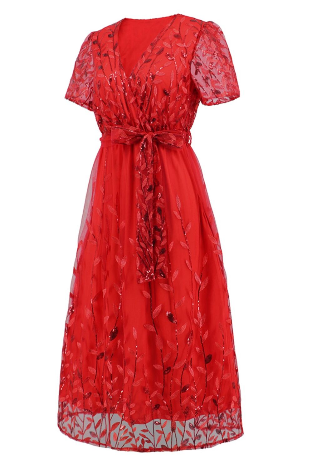 Sequin Leaf Embroidery Tie Front Short Sleeve Dress - Allure Taste