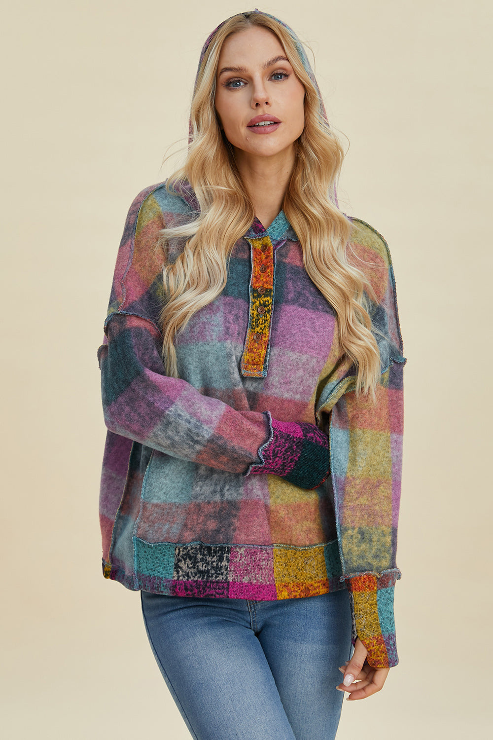Full Size Plaid Dropped Shoulder Fleece Hoodie