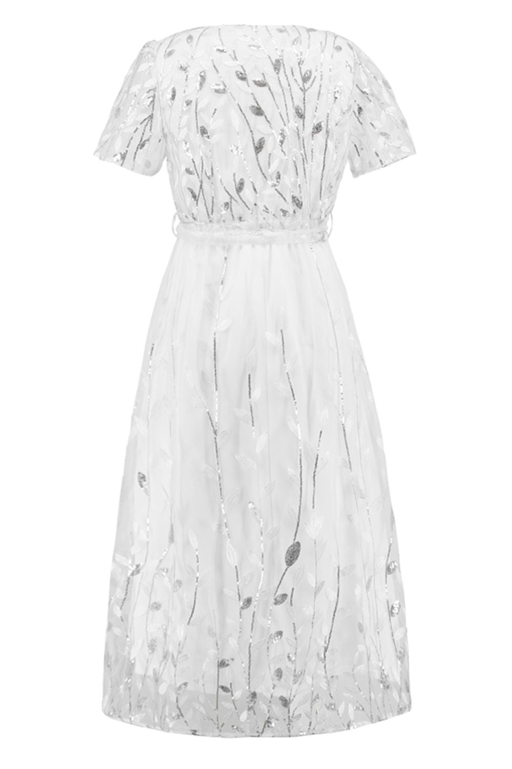 Sequin Leaf Embroidery Tie Front Short Sleeve Dress - Allure Taste