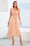 Sequin Leaf Embroidery Tie Front Short Sleeve Dress - Allure Taste