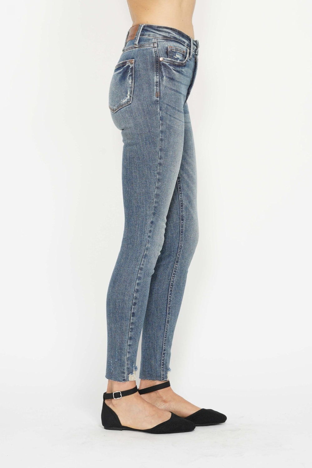 Blue Full Size Tummy Control Vintage Wash Hem Destroy Skinny Jeans
