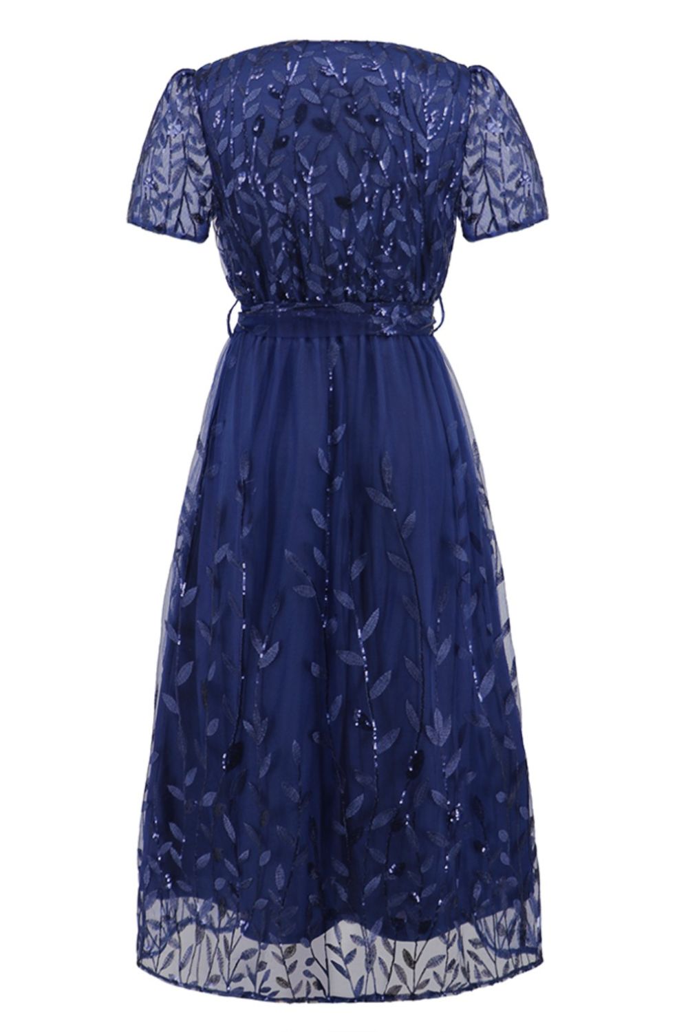 Sequin Leaf Embroidery Tie Front Short Sleeve Dress - Allure Taste