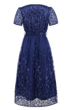Sequin Leaf Embroidery Tie Front Short Sleeve Dress - Allure Taste
