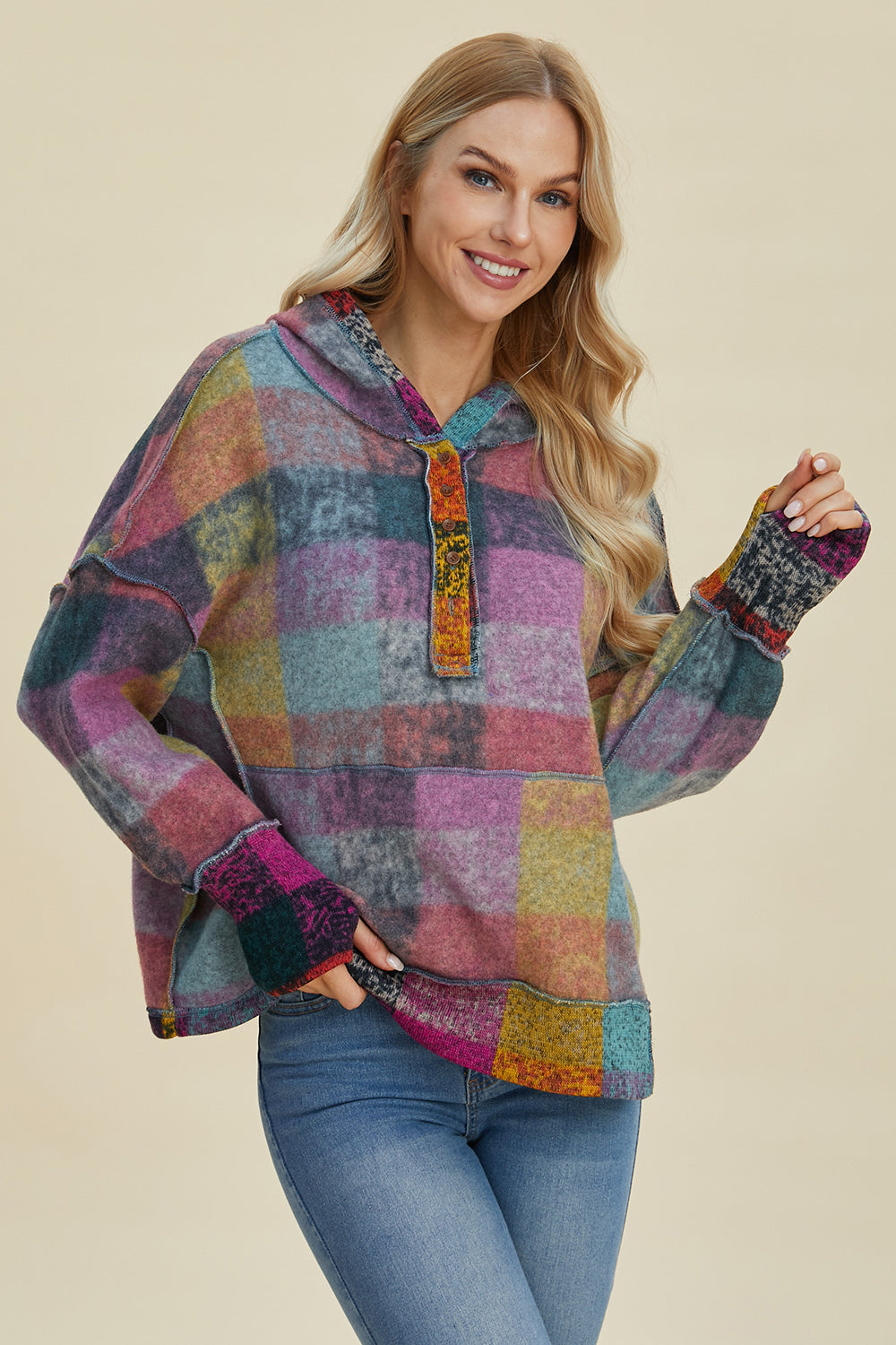 Full Size Plaid Dropped Shoulder Fleece Hoodie