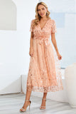 Sequin Leaf Embroidery Tie Front Short Sleeve Dress - Allure Taste