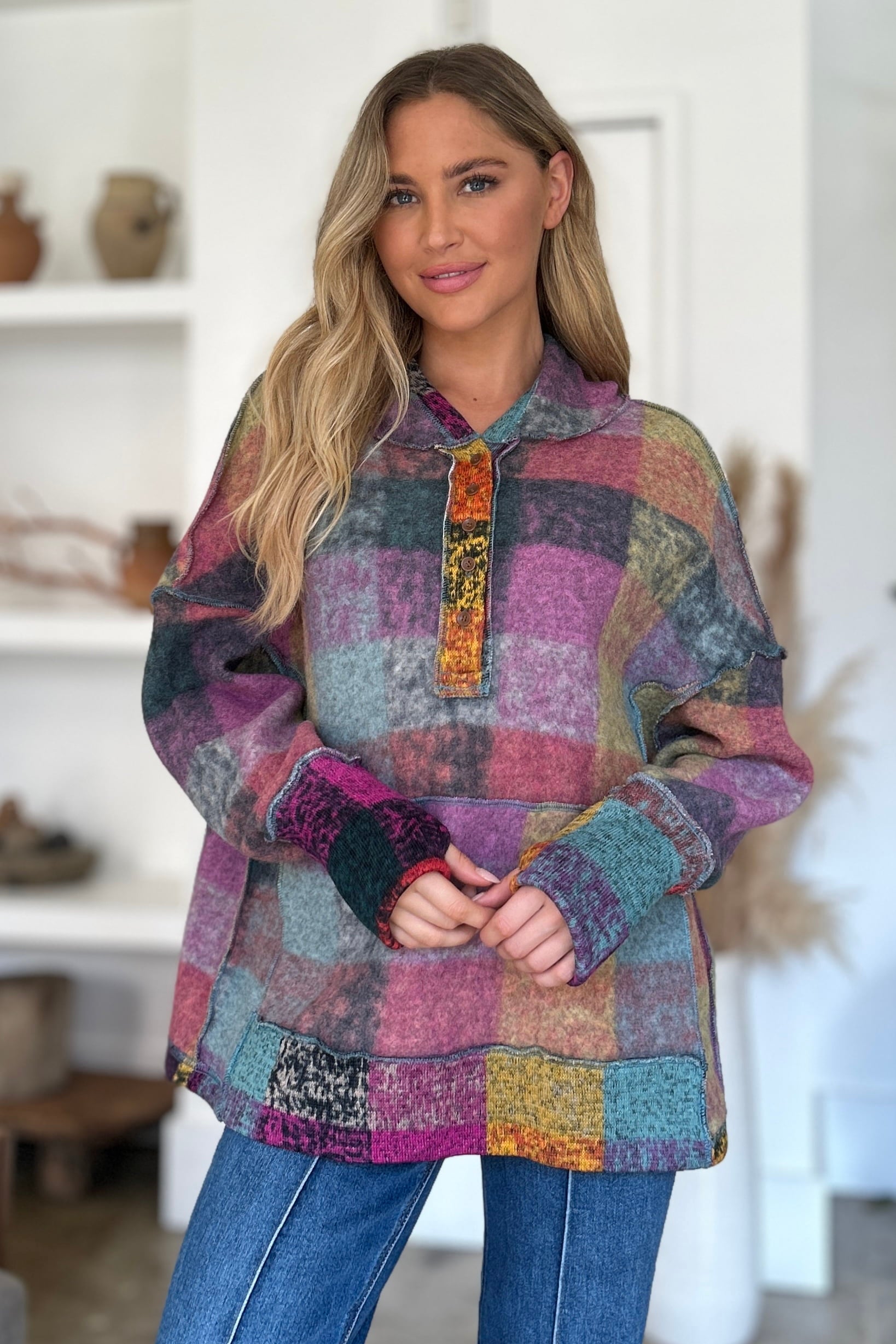 Full Size Plaid Dropped Shoulder Fleece Hoodie