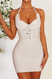 Lace-Up Ruched Halter Neck Wrap Dress - Allure Taste