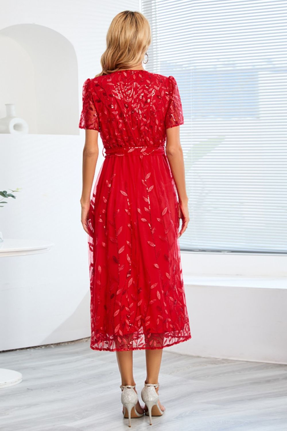 Sequin Leaf Embroidery Tie Front Short Sleeve Dress - Allure Taste
