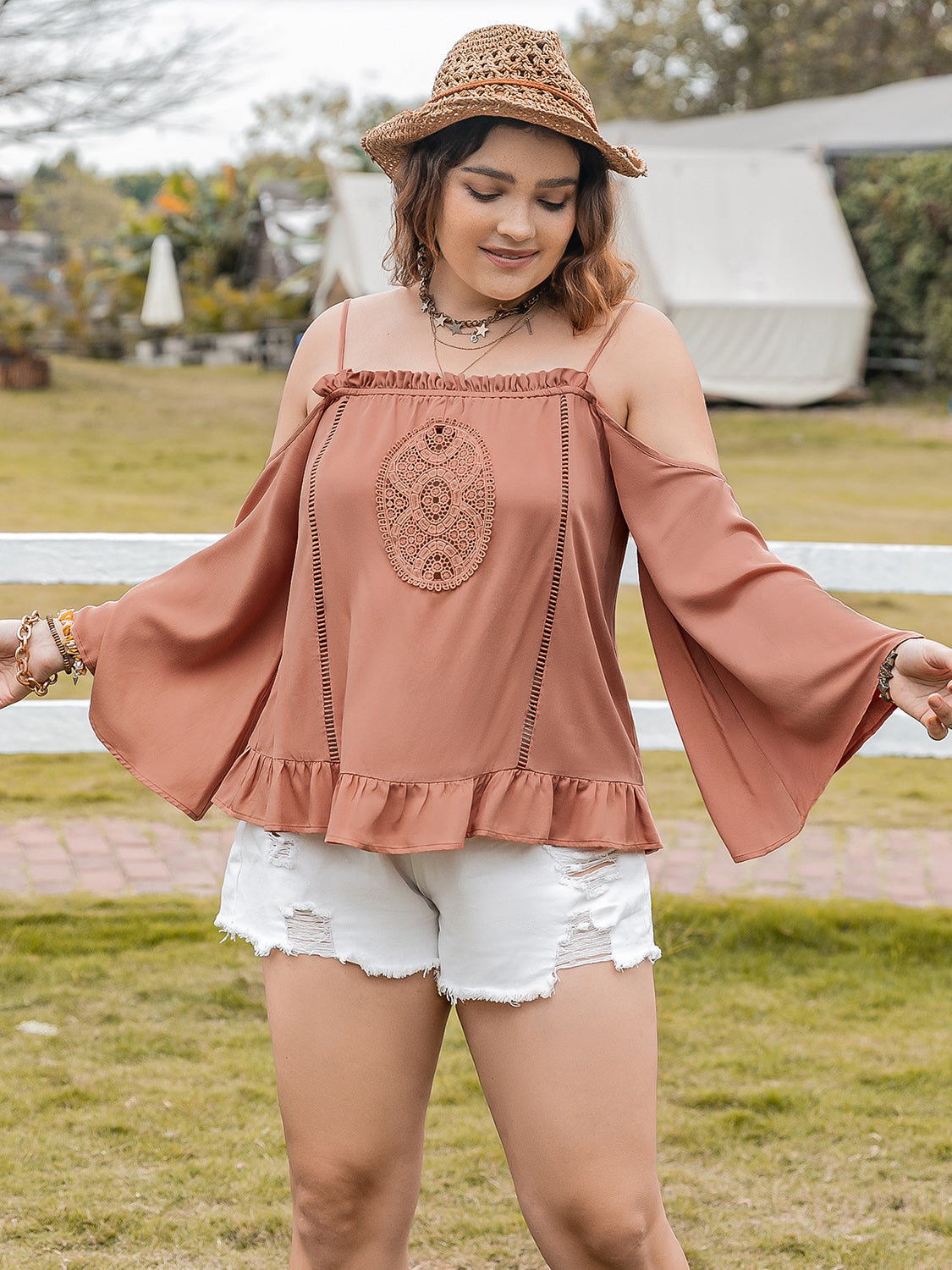 Plus Size Frill Square Neck Long Sleeve Blouse -
