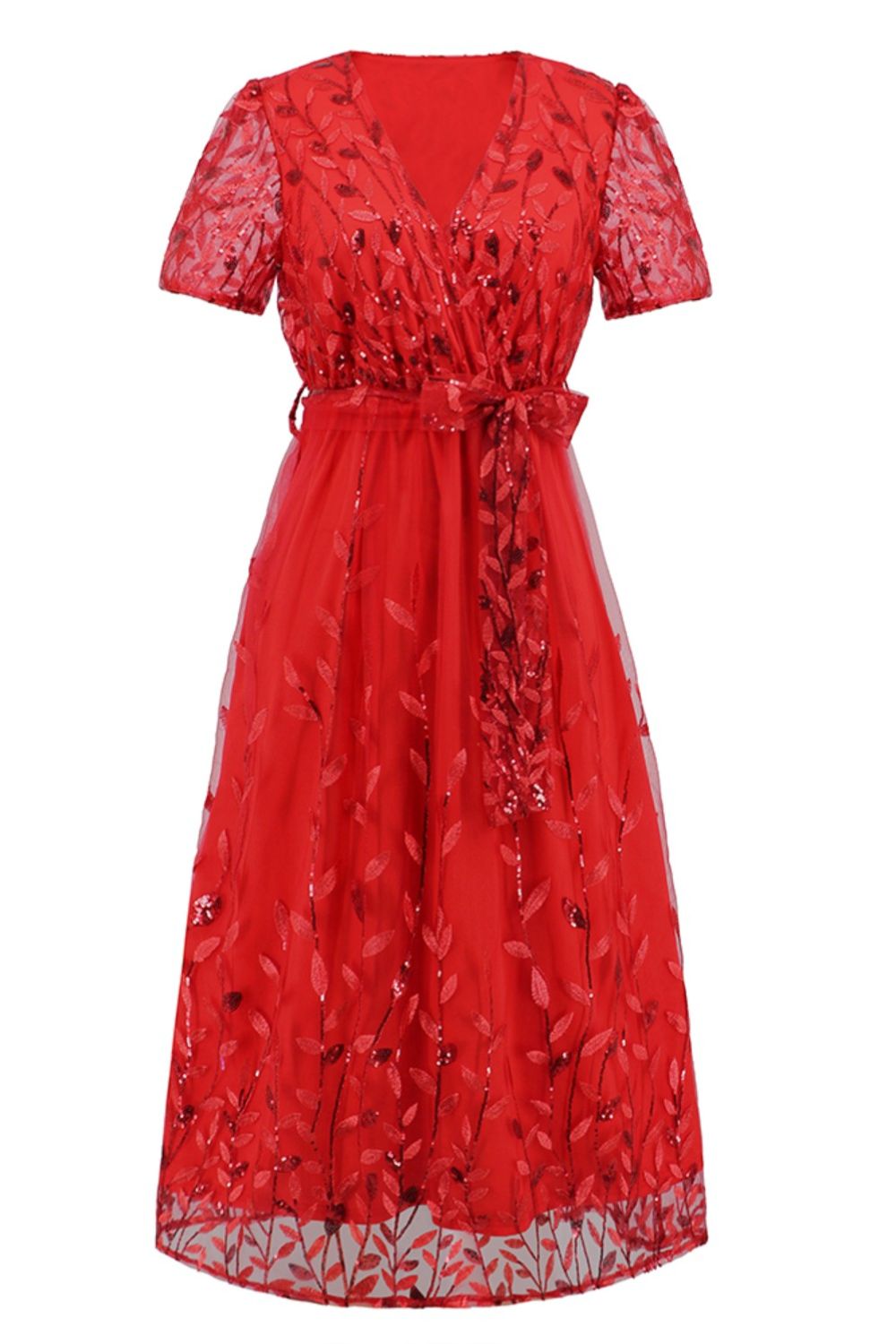 Sequin Leaf Embroidery Tie Front Short Sleeve Dress - Allure Taste