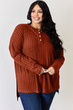Full Size Ribbed Half Button Long Sleeve High-Low T-Shirt