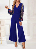 Surplice Embroidered Long Sleeve Wide Leg Jumpsuit - Allure Taste